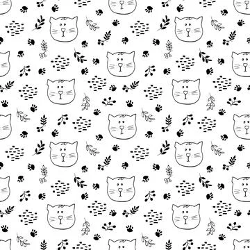 Cute Cat Seamless pattern. Cartoon Animals in forest background. Vector illus Stock Illustration
