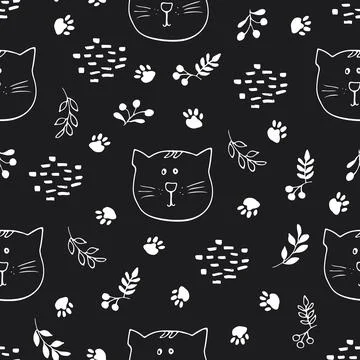 Cute Cat Seamless pattern. Cartoon Animals in forest background. Vector illus Stock Illustration