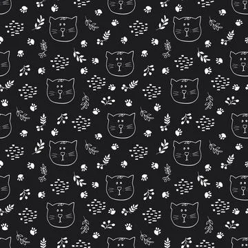 Cute Cat Seamless pattern. Cartoon Animals in forest background. Vector illus Stock Illustration