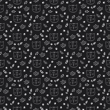 Cute Cat Seamless pattern. Cartoon Animals in forest background. Vector illus Stock Illustration