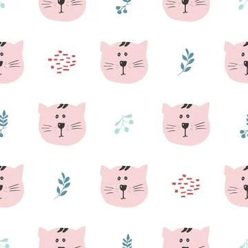 Cute Cat Seamless pattern. Cartoon Animals in forest background. Vector illus Stock Illustration
