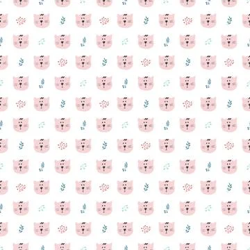 Cute Cat Seamless pattern. Cartoon Animals in forest background. Vector illus 스톡 일러스트