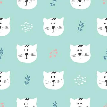 Cute Cat Seamless pattern. Cartoon Animals in forest background. Vector illus Stock Illustration