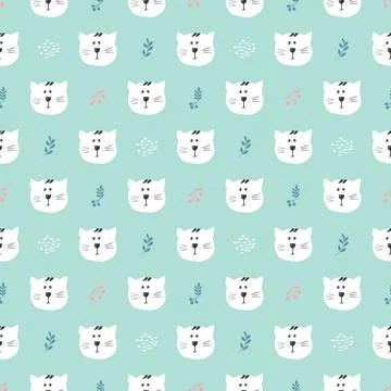 Cute Cat Seamless pattern. Cartoon Animals in forest background. Vector illus Stock Illustration