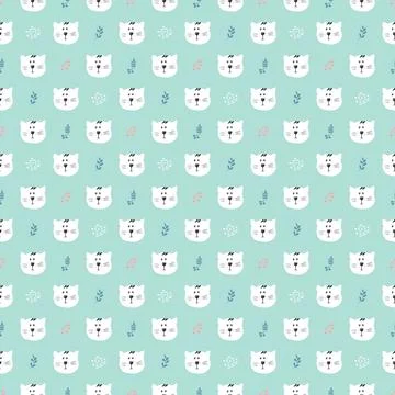 Cute Cat Seamless pattern. Cartoon Animals in forest background. Vector illus 스톡 일러스트