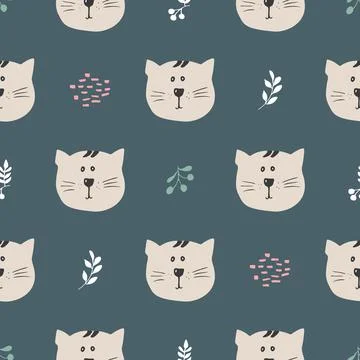 Cute Cat Seamless pattern. Cartoon Animals in forest background. Vector illus Illustrazione stock