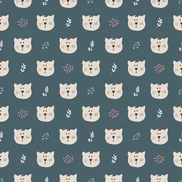 Cute Cat Seamless pattern. Cartoon Animals in forest background. Vector illus Stock Illustration