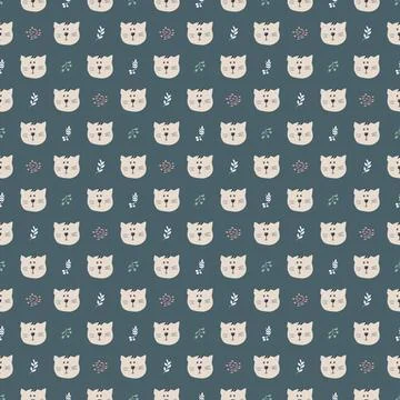 Cute Cat Seamless pattern. Cartoon Animals in forest background. Vector illus Illustrazione stock