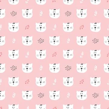 Cute Cat Seamless pattern. Cartoon Animals in forest background. Vector illus Stock Illustration