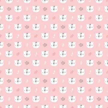 Cute Cat Seamless pattern. Cartoon Animals in forest background. Vector illus Stock Illustration