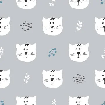 Cute Cat Seamless pattern. Cartoon Animals in forest background. Vector illus Stock Illustration