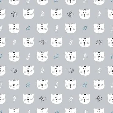 Cute Cat Seamless pattern. Cartoon Animals in forest background. Vector illus Stock Illustration