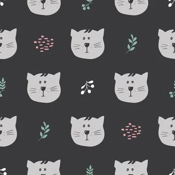 Cute Cat Seamless pattern. Cartoon Animals in forest background. Vector illus Illustrazione stock
