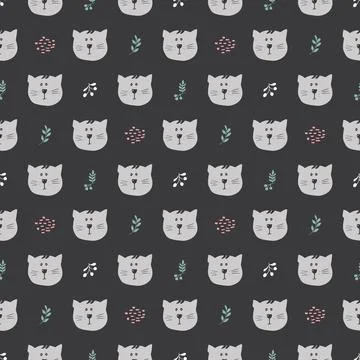 Cute Cat Seamless pattern. Cartoon Animals in forest background. Vector illus 스톡 일러스트