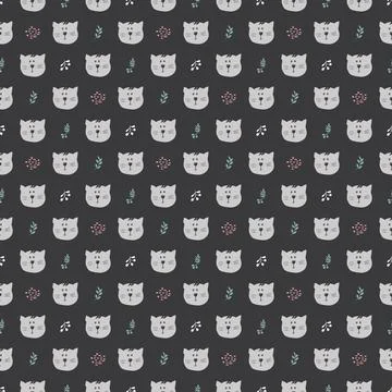 Cute Cat Seamless pattern. Cartoon Animals in forest background. Vector illus Stock Illustration