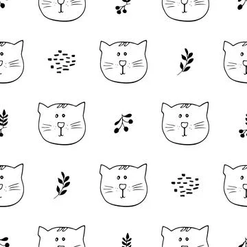 Cute Cat Seamless pattern. Cartoon Animals in forest background. Vector illus Stock Illustration