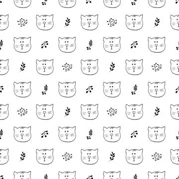 Cute Cat Seamless pattern. Cartoon Animals in forest background. Vector illus Stock Illustration