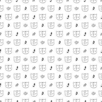 Cute Cat Seamless pattern. Cartoon Animals in forest background. Vector illus Stock Illustration