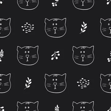 Cute Cat Seamless pattern. Cartoon Animals in forest background. Vector illus Stock Illustration