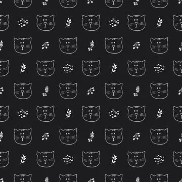 Cute Cat Seamless pattern. Cartoon Animals in forest background. Vector illus Stock Illustration