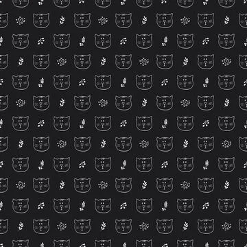 Cute Cat Seamless pattern. Cartoon Animals in forest background. Vector illus Stock Illustration