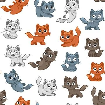Cute Cat Seamless Pattern with Difference Poses. Vector Illustrazione stock
