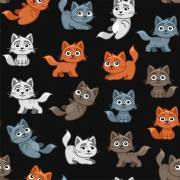 Cute Cat Seamless Pattern with Difference Poses. Vector Stock Illustration