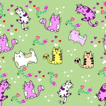 Cute cat seamless pattern with flower on colorfull background Vector illustra Stock Illustration
