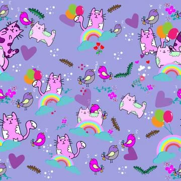 Cute Cat seamless pattern with flower rainbow on colorful background Vector i Stock Illustration