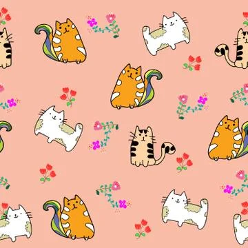 Cute cat seamless pattern with flower on colorful background Vector illustrat 스톡 일러스트