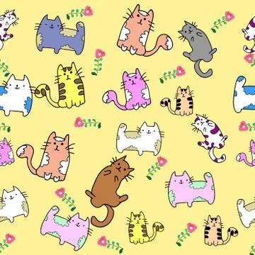 Cute Cat seamless pattern with flower on colorful background Vector illustrat Stock Illustration