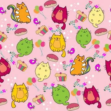 Cute Cat seamless pattern with flower and Cup cake on colorful background Vec Stock Illustration