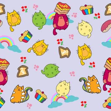 Cute Cat seamless pattern with flower and Cup cake on colorful background Vec Stock-Illustration