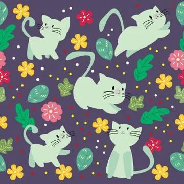 Cute Cat seamless pattern with flower on colorful background Vector illustrat Stock Illustration