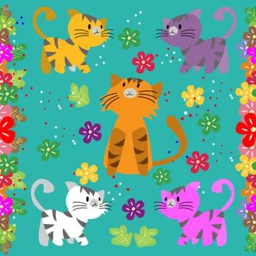 Cute Cat seamless pattern with flower on colorful background Vector illustrat Stock Illustration