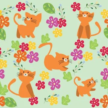 Cute Cat seamless pattern with flower on colorful background Vector illustrat Stock-Illustration