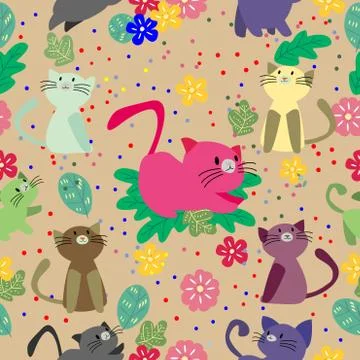 Cute Cat seamless pattern with flower on colorful background Vector illustrat Stock Illustration