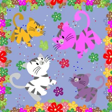 Cute Cat seamless pattern with flower on colorful background Vector illustrat Stock Illustration