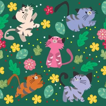 Cute Cat seamless pattern with flower on colorful background Vector illustrat Stock Illustration