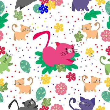 Cute Cat seamless pattern with flower on colorful background Vector illustrat Stock Illustration