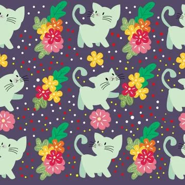 Cute Cat seamless pattern with flower on colorful background Vector illustrat Stock Illustration