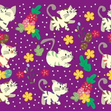 Cute Cat seamless pattern with flower on colorful background Vector illustrat Stock Illustration