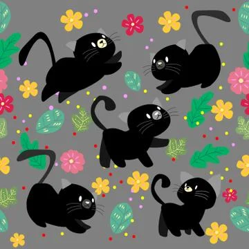 Cute Cat seamless pattern with flower on colorful background Vector illustrat Illustrazione stock