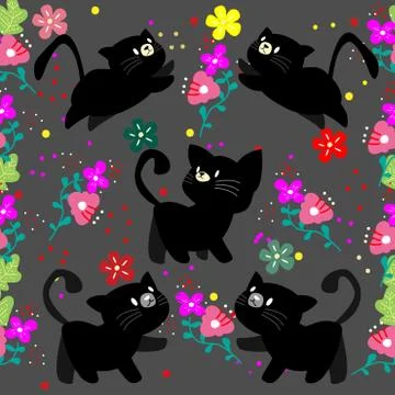 Cute Cat seamless pattern with flower on colorful background Vector illustrat Stock Illustration