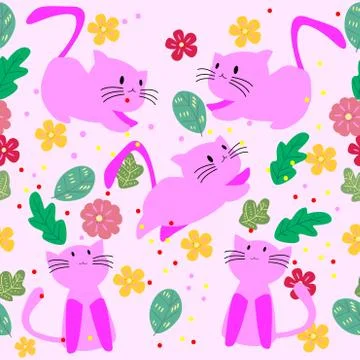 Cute Cat seamless pattern with flower on colorful background Vector illustrat Stock Illustration