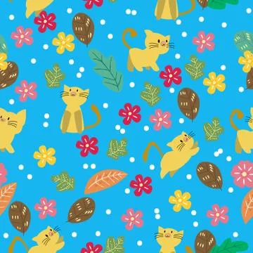 Cute Cat seamless pattern with flower on colorful background Vector illustrat Stock-Illustration
