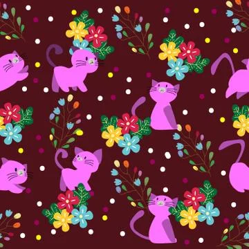 Cute Cat seamless pattern with flower on colorful background Vector illustrat Stock Illustration