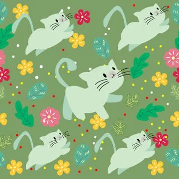 Cute Cat seamless pattern with flower on colorful background Vector illustrat Stock Illustration