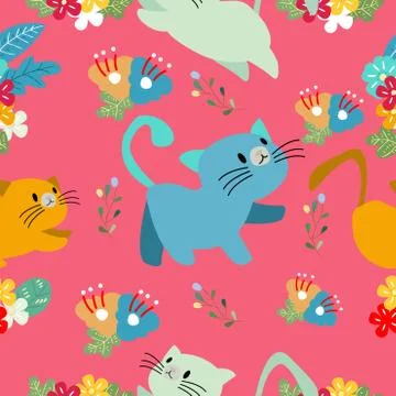 Cute Cat seamless pattern with flower on colorful background Vector illustrat Stock Illustration