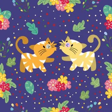 Cute Cat seamless pattern with flower on colorful background Vector illustrat Stock-Illustration